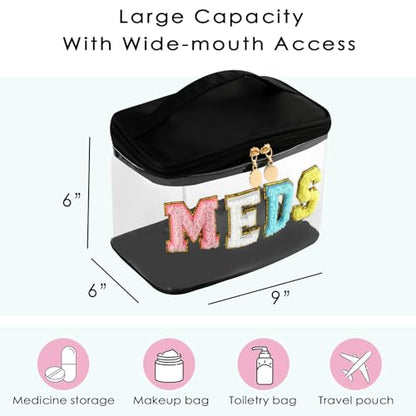 uekeboag Chenille Letter MEDS Clear Medicine Makeup Bag(04Black) | Personalized Transparent Large Waterproof Nylon Cosmetic Storage bag with Top Handle, Meds First Aid Travel Organizer Bag - color: 04Black-Meds