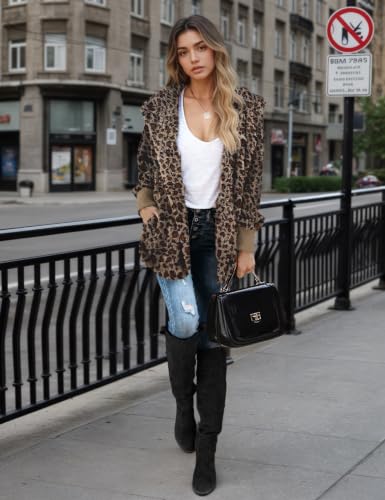 Zilcremo Women Hooded Cardigan Open Front Fuzzy Jacket - color: Leopard, size: Medium