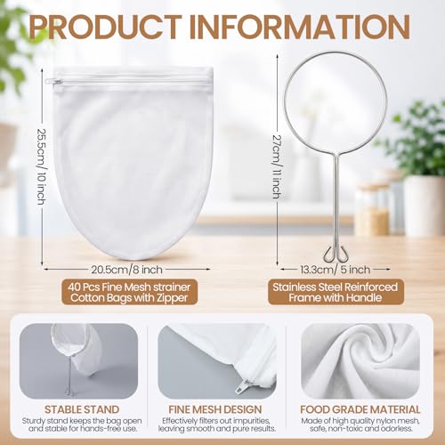 Woanger 40 Pack Reusable Fine Mesh Strainer Bags with Stainless Steel Handle, Large Capacity Nut Filter Bags for Juice, Almond Milk, Coffee, Soup, Bean Beverage & Cold Brew – Sturdy Nylon Strainers