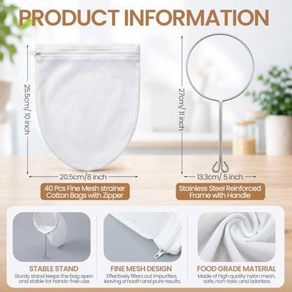Woanger 40 Pack Reusable Fine Mesh Strainer Bags with Stainless Steel Handle, Large Capacity Nut Filter Bags for Juice, Almond Milk, Coffee, Soup, Bean Beverage & Cold Brew – Sturdy Nylon Strainers
