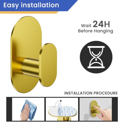 Aikzik Adhesive Towel Hooks - 4 Pack 26LB Heavy Duty Wall Sticky Waterproof Hooks for Hanging Coat, Towel, Robe, Wall Mount for Bathroom or Kitchen (Gold, Stainless Steel) - color: Gold-4