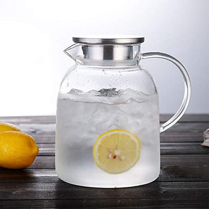 Hedume 2 Liter Glass Pitcher With Lid and Handle - Heat Resistant Beverage Carafe for Iced Tea, Wine, Coffee, Milk and Juice (68 Ounces)