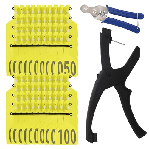100 Pack Large Blank Cattle Ear Tags with Applicator, One-Piece TPU Livestock Ear Tags for Cattle Cow Calf Bull Sheep Goat Pig Hog Horse, Animal Identification Tags for Farm Ranch (Yellow, 001-100) - color: Yellow, size: 001-100