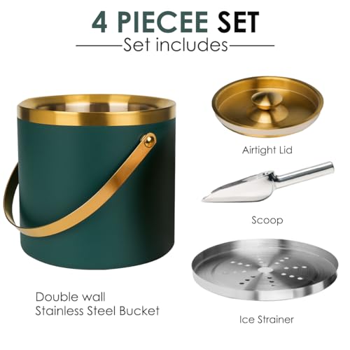 3L Insulated Stainless Steel Ice Bucket for parties with lid & scoop - color: gold green