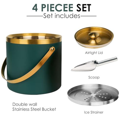 3L Insulated Stainless Steel Ice Bucket for parties with lid & scoop - color: gold green