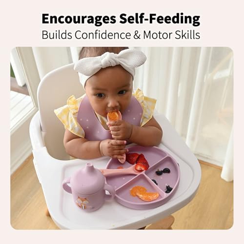 Little Rawr Baby Led Weaning Bundle, 100% Silicone Baby Feeding Set Includes Divided Plate, Suction Bowl, Straw Cup, Bib, Spoon & Fork, Develops Self Feeding Skills, Dishwasher Safe (Purple) - color: Pink