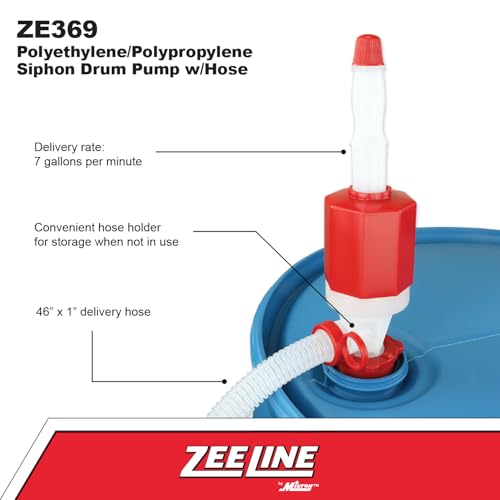Zeeline By Milton ZE369W, Siphon Drum Pump, Manual Siphon pump with flexible 48” hose,7 Gallons Per Minute, Transfer Liquids from 55Gallon Drums or Smaller, Def Drum Pump,(Polyethylene/Polypropylene)