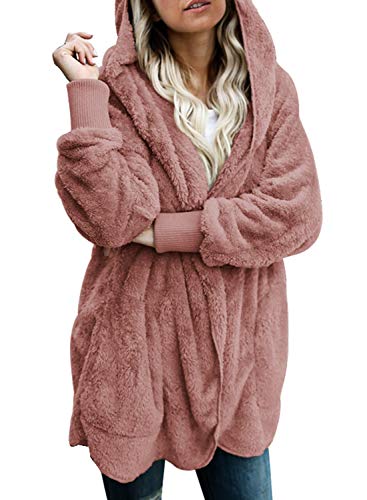 Dokotoo Womens 2025 Winter Long Sleeve Solid Fuzzy Fleece Open Front Hooded Cardigans Jacket Coats Outerwear with Pocket - color: A Pink, size: Medium