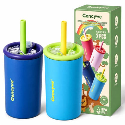 Gencywe® 2 PACK Kids Double Walled Stainless Steel Cups with Straws and lids | 12 oz Spill-Proof Sippy Smoothie Tumbler Set, Small Kids Snack & Drink Water Cups, BPA-Free (Age: 3+ years old & up)