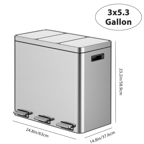 3 Compartment Trash Can, 3 x 5.3 Gallon Kitchen Bin, Stainless Steel Recycling Bin, with Soft-Close Lids & Removable Inner Baskets, for Kitchen Home Office - size: 3 x 5.2 Gallon