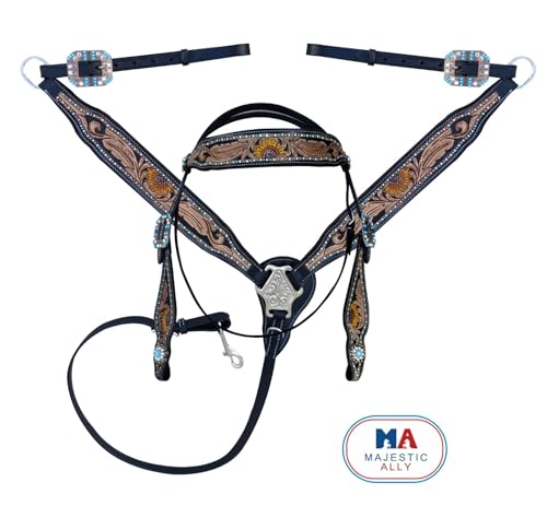 Majestic Ally Tooled Leather Western Headstall & Breast Collar Set – Handcrafted Leather, Classic Western Tack, Multiple Styles & Designs - style: 1018-BLK