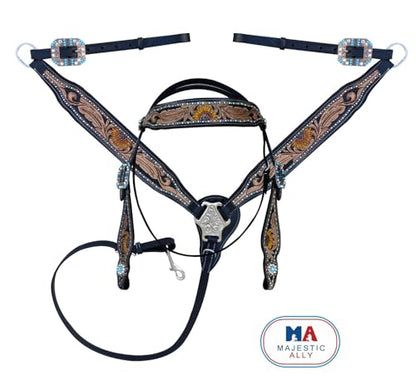 Majestic Ally Tooled Leather Western Headstall & Breast Collar Set – Handcrafted Leather, Classic Western Tack, Multiple Styles & Designs - style: 1018-BLK
