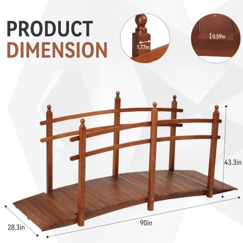 Outvita 7.5Ft Stained Wooden Garden Bridge with Safety Rails - size: 7.5ft-dark brown