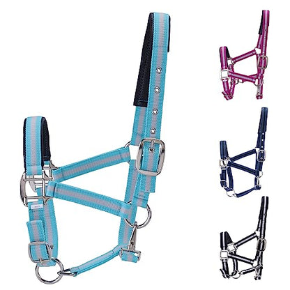 Adjustable Horse Halters - Heavy Duty Nylon Webbing & Hardware, Padded with Anti Chafing Foam-Cushioned on Crown & Nose - color: Light Blue, size: Cob