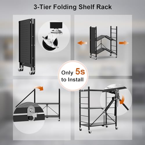 Himix 3 Tier Foldable Storage Shelf with Wheels 6 Hooks No Assembly Black - color: Black, size: 3-Tier