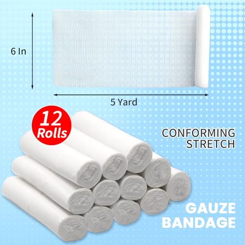 12 Pack Cling Gauze Rolls 6 Inch x 5 Yard, White Rolled Gauze Wraps Vet Wrap for Horses, Pure Cotton Bandage Wrap for First Aid Medical, Wound Care, Pet Dressings, Medical Supplies - size: 12 Pack-6in