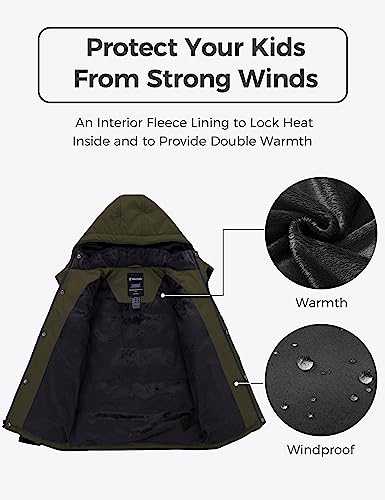 wantdo Boys Puffy Winter Coats Fleece-Lined Snow Jackets Removable Hood | Elastic Cuffs, Hook-and-Loop Collar, Windproof, Machine Washable - color: Army Green, size: 6-7
