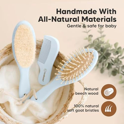 KeaBabies Baby Hair Brush and Comb Set & Baby Hooded Towel - Wooden Brush with Soft Goat Bristle, Soft and Absorbent Kids Towel with Cute Hood