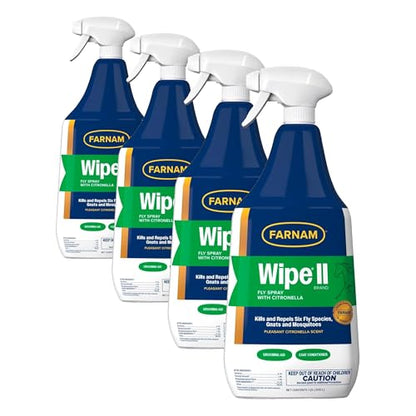 Farnam Wipe II Horse Fly Spray with Citronella, Grooming Aid and Coat Conditioner, 32 Fluid Ounces, One Quart Bottle with Trigger Sprayer (Pack of 4) - size: 32 Fl Oz (Pack of 4)