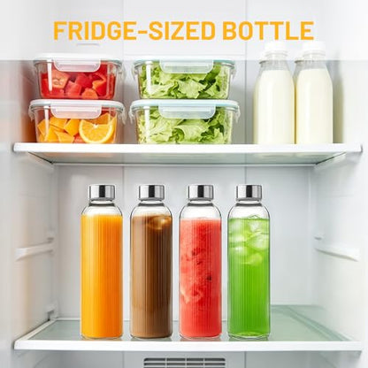 Ribbed Glass Water Bottles with Lids, 18 oz Reusable Juice Bottles with Stainless Steel Lid, 100% Leak Proof, BPA Free, Juicing Beverage Storage Containers for Refrigerator(Set of 6) - color: 6 PACK