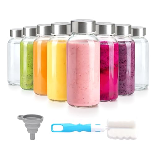 Zukro 8 oz Small Glass Juice Bottles with Stainless Steel Lids Leak Proof - color: silver lid - 8 pack