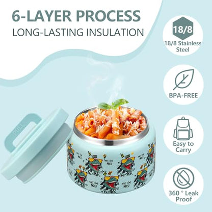 PIQUEBAR 8oz Kids Thermo for Hot Food,Small Lunch Thermo Food Container Stainless Steel,Easy Open Wide Mouth Thermo for Hot Cold Food for Preschool Travel - color: Blue Dinosaur