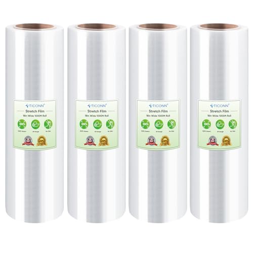 TICONN Stretch Wrap Roll, 18 in x 1000 ft Plastic Wrap for Moving Furniture | Odorless Industrial Strength Stretch Film, 300% Stretchability, Self-Adhering, Ideal for Furniture, Box Protection - style: 18''-4PK Clear (No handle)