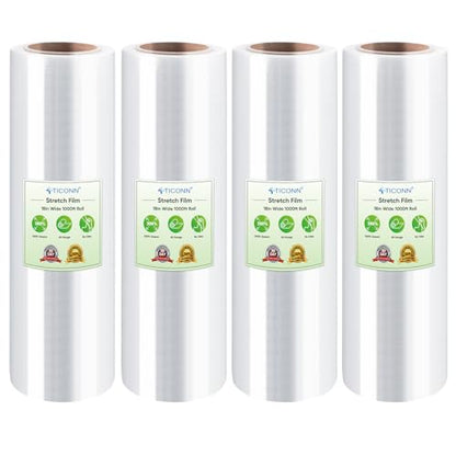 TICONN Stretch Wrap Roll, 18 in x 1000 ft Plastic Wrap for Moving Furniture | Odorless Industrial Strength Stretch Film, 300% Stretchability, Self-Adhering, Ideal for Furniture, Box Protection - style: 18''-4PK Clear (No handle)