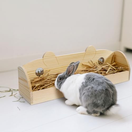 Hedume Rabbit Hay Feeder, Wooden Bunny Food Feeding Manger, Rabbit Hay Holder Less Wasted Food Dispenser for Guinea Pig, Chinchilla, Hamster