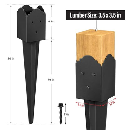 6 Pack 36"x4"x4" Heavy Duty Fence Post Anchor Ground Spike (S6) | Heavy Duty, Ground Spike, Outdoor Support Deck, Porch, Railing, Mailbox, Black - size: 36IN