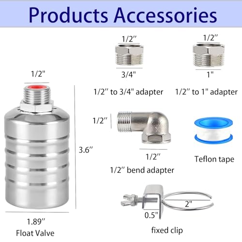 Upgraded Water Float Valve With 1/2" Bend and Adapters, 304 Stainless Steel Automatic Waterline Controller for Cistern, Aquarium, Livestock Trough and Pool