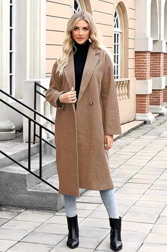 SAUKOLE Womens Winter Pea Coat Notch Lapel Double Breasted Wool Blend Oversized Overcoat with Pockets - color: 12#khaki, size: Small