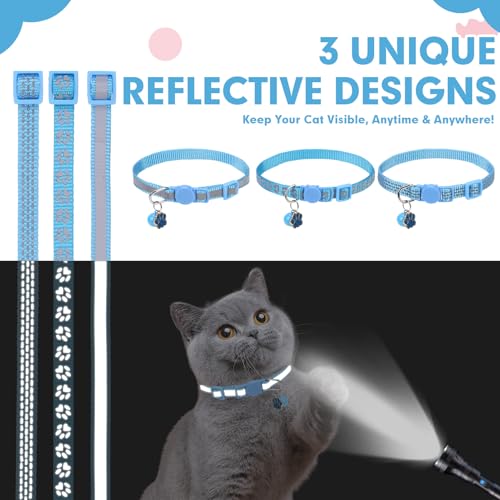 BINGPET Reflective Cat Collar Breakaway with Bell,Cute Kitten Collar, Blue - color: Reflective(Blue)-3pcs
