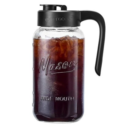 Mason Jar Pitcher, 64 oz (2 quart), Glass Pitcher with Lid | Airtight, Leak proof, Ergonomic Handle, Pour Spout Lid, Fridge Safe, for Sun Tea, Iced Tea, Cold Brew, Lemonade, Outside - color: Black
