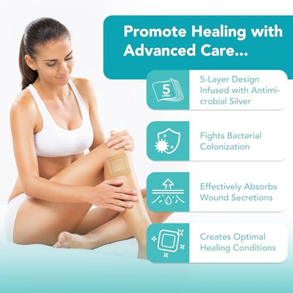Silicone Foam Dressing Ag Sterile Wound Bandage with Waterproof Gentle Silicone Adhesive Border (5 Packs), 4"x 4" Breathable Ultra Absorbent Pads (4x4 Inch (Pack of 5)) - size: 4x4 Inch (Pack of 5)
