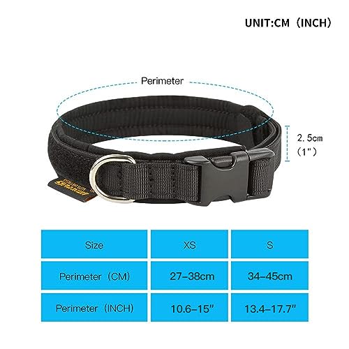 EXCELLENT ELITE SPANKER Military Nylon Small Puppy Dog Collar with Padded | Tactical Adjustable Pet Collar Heavy Duty Quick-Release & Lightweight No-Choke for Small Medium Breeds with Patches - color: Black, size: XS-(10.6"-15")