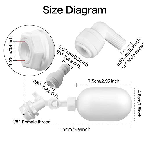 3/8&1/4 inch RO Tubing 1-3/4" Plastic Float Valve Shut Off Float Ball Float Switch to Auto-Fill Water Stock Tank,Bucket, Livestock Pool,Cattle Trough, Aquariums, Aquaculture, Water Reservoir