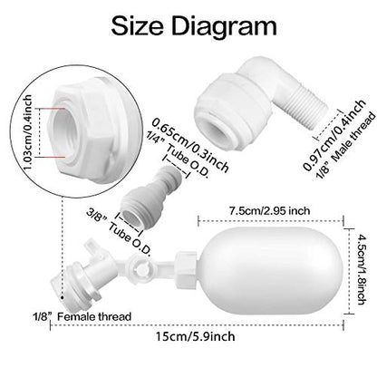 3/8&1/4 inch RO Tubing 1-3/4" Plastic Float Valve Shut Off Float Ball Float Switch to Auto-Fill Water Stock Tank,Bucket, Livestock Pool,Cattle Trough, Aquariums, Aquaculture, Water Reservoir