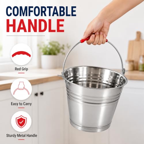 Healeved 5L Stainless Steel Bucket with Handle 9.4-Inch Round Pail