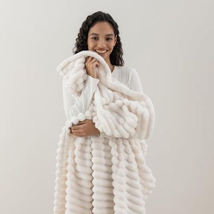 Berkshire Ribbed VelvetLoft® Throw – 330gsm Medium Weight Plush, Extra Soft & Warm Plush Throw Blanket for Bedroom, Couch, Travel – Durable & Easy Care(Goose Egg, Throw Size 50" x 60") - color: Goose Egg, size: Throw (50 in x 60 in)