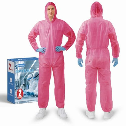 Hazmat Suits,10 Colors Options Disposable Protective Coveralls, Paint Suit with Elastic Wrists Ankles and Hood - color: 2 Pack Pink, size: XX-Large