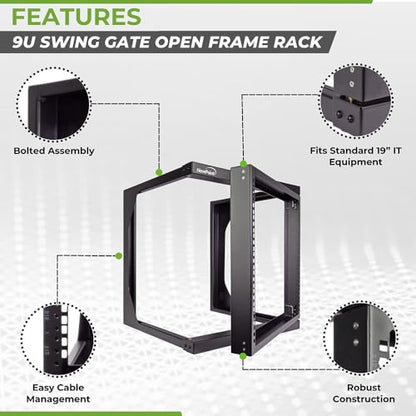 NavePoint 9U Open-Frame Server Rack for 19" IT Network Equipment & A/V Devices Free Standing or Wall Mount with 180 Degrees Gate Swing, Black - size: 9U - 18in Deep