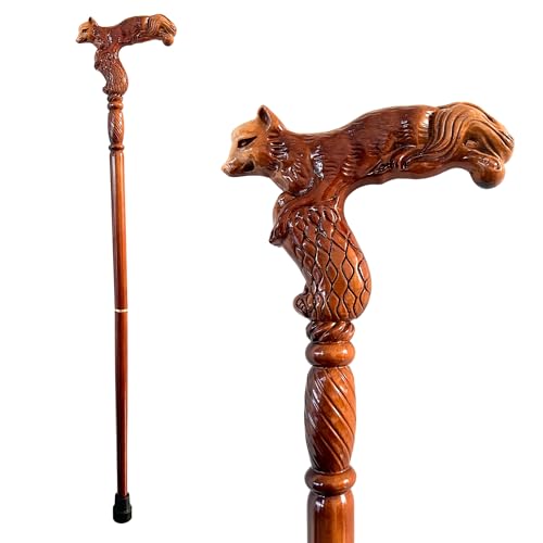 Hand Carved Wooden Walking Cane with Ergonomic Handle and Rubber Tip for Men and Women - Fashionable Unique Walking Stick for Seniors - 37 inch - style: Fox