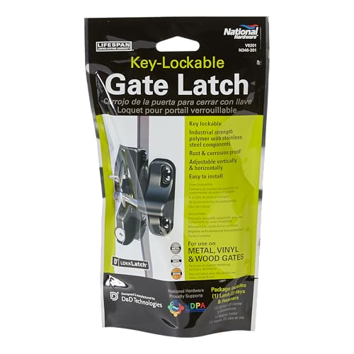 National Hardware LokkLatch Keyed Gate Latch, Polymer, Adjustable, Black | Key-Lockable Latch with Stainless Steel Components, 4-9/16 in Gap Range, Fits Wood, Metal and Vinyl Gates