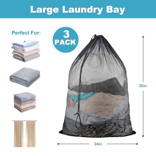 3 Pack Large Mesh Laundry Bag, 24 x 36 Inch Mesh Wash Bag with Drawstring Closure, Delicates Bag for Washing Machine - Perfect for College Dorms, Travel, Laundromats, Apartments (Black)