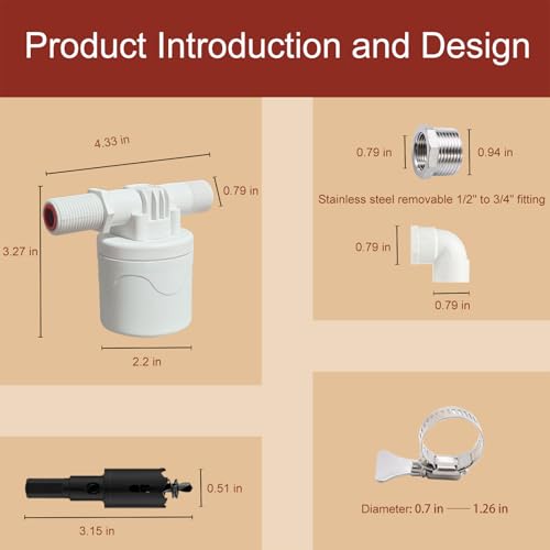 Chicken Waterer Float Valve Kit - Side Inlet, Compatible with Various Chicken Water Cups & Nipples, Includes Hole Opener, 4 Hose Clamps, Raw Tape, 1/2 to 3/4 Inch Adapter