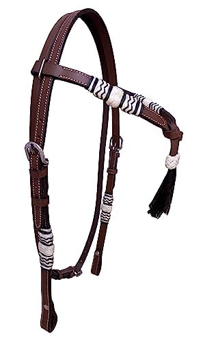Western Tan Leather Headstall Hand braided Rawhide knotting futurity Knot Hair Tassels Bridle - Black (Cob) - size: Cob