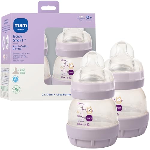 MAM 4.5oz Easy Start Anti-Colic+ Vented Baby Bottle, 0+ Months, 2 Pk, Girl - color: Purple Iris, size: 2 Count (Pack of 1), style: 4.5oz