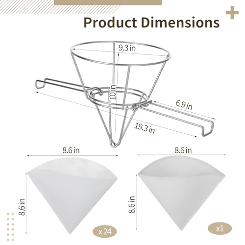 Cooking Oil Filter,Syrup Cone Filters Kit with 10 in Stainless Steel Cone Holder Fryer Strainer, 1 Thick Reusable Filter with Pre-Cut Slots and 24 Disposable Pre-Filters for Maple Sap Honey Milk