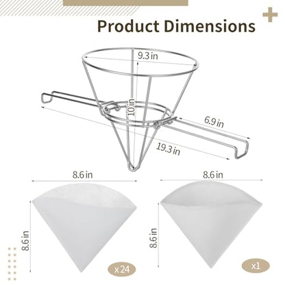Cooking Oil Filter,Syrup Cone Filters Kit with 10 in Stainless Steel Cone Holder Fryer Strainer, 1 Thick Reusable Filter with Pre-Cut Slots and 24 Disposable Pre-Filters for Maple Sap Honey Milk